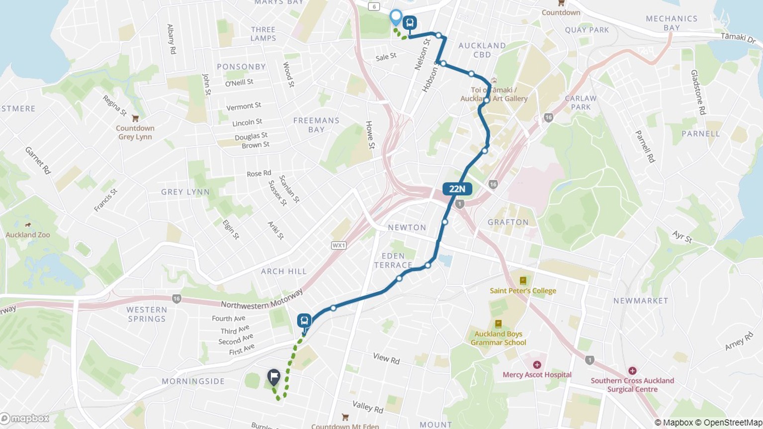 Map showing bus route 22N from city centre to Eden Park.