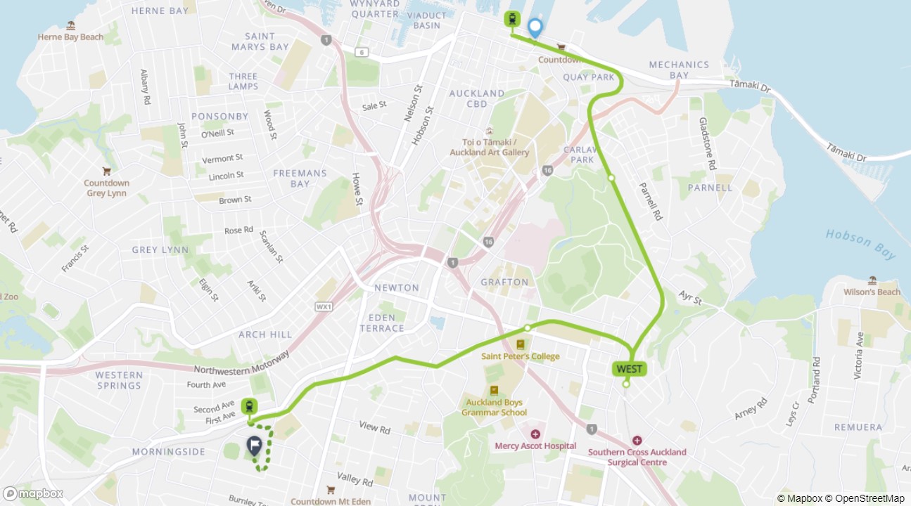 Map showing Western Line train from Waitematā Station to Eden Park