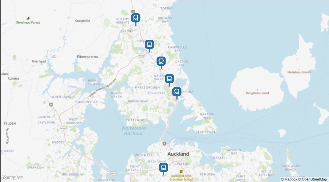 Map showing special event bus stops at Akoranga, Smales Farm, Sunnynook, Constellation and Albany bus stations.
