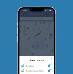 Screenshot of shared cars, scooters and bikes in AT Mobile