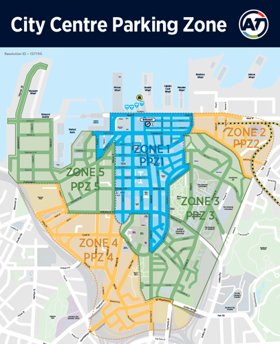 Map showing parking zones 1,2, 3, 4 and 5 in the city centre.