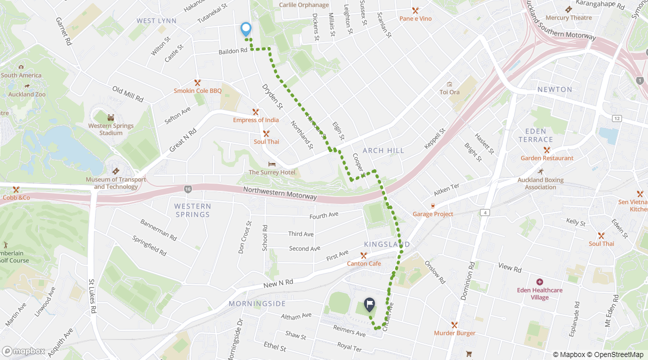 Map of walking route from Grey Lynn to Eden Park.