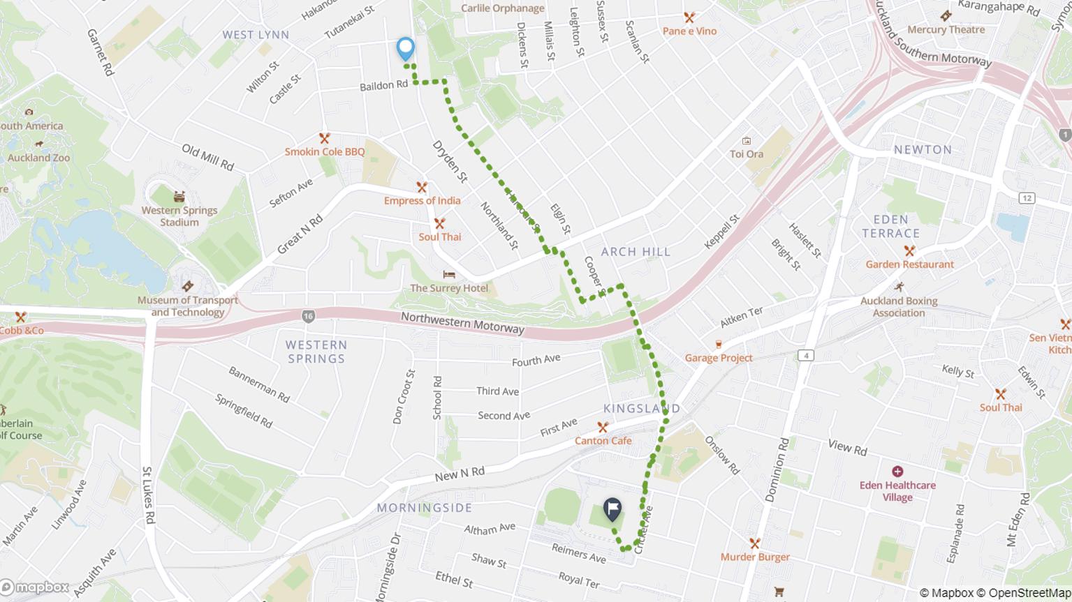 Map of walking route from Grey Lynn to Eden Park.