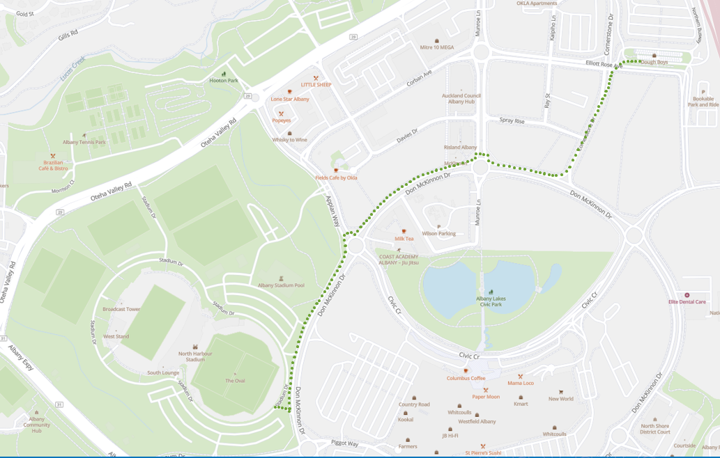 Albany bus station to North Harbour Stadium walking route Gate H