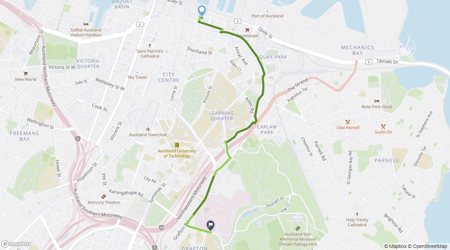 Map showing cycling route from Waitematā Station (Britomart) to Auckland Hospital