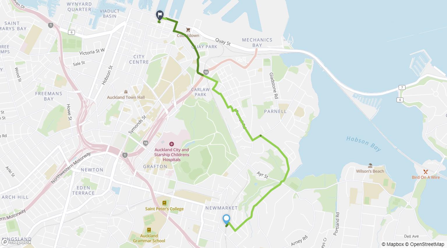 Map showing cycling route from Newmarket Station to Waitematā Station (Britomart)