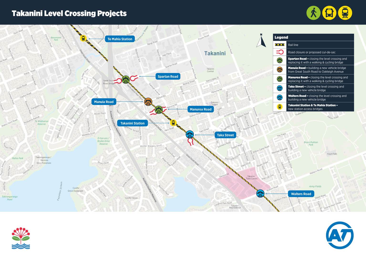 Map of the Takanini level crossing project showing where level crossings will be removed.