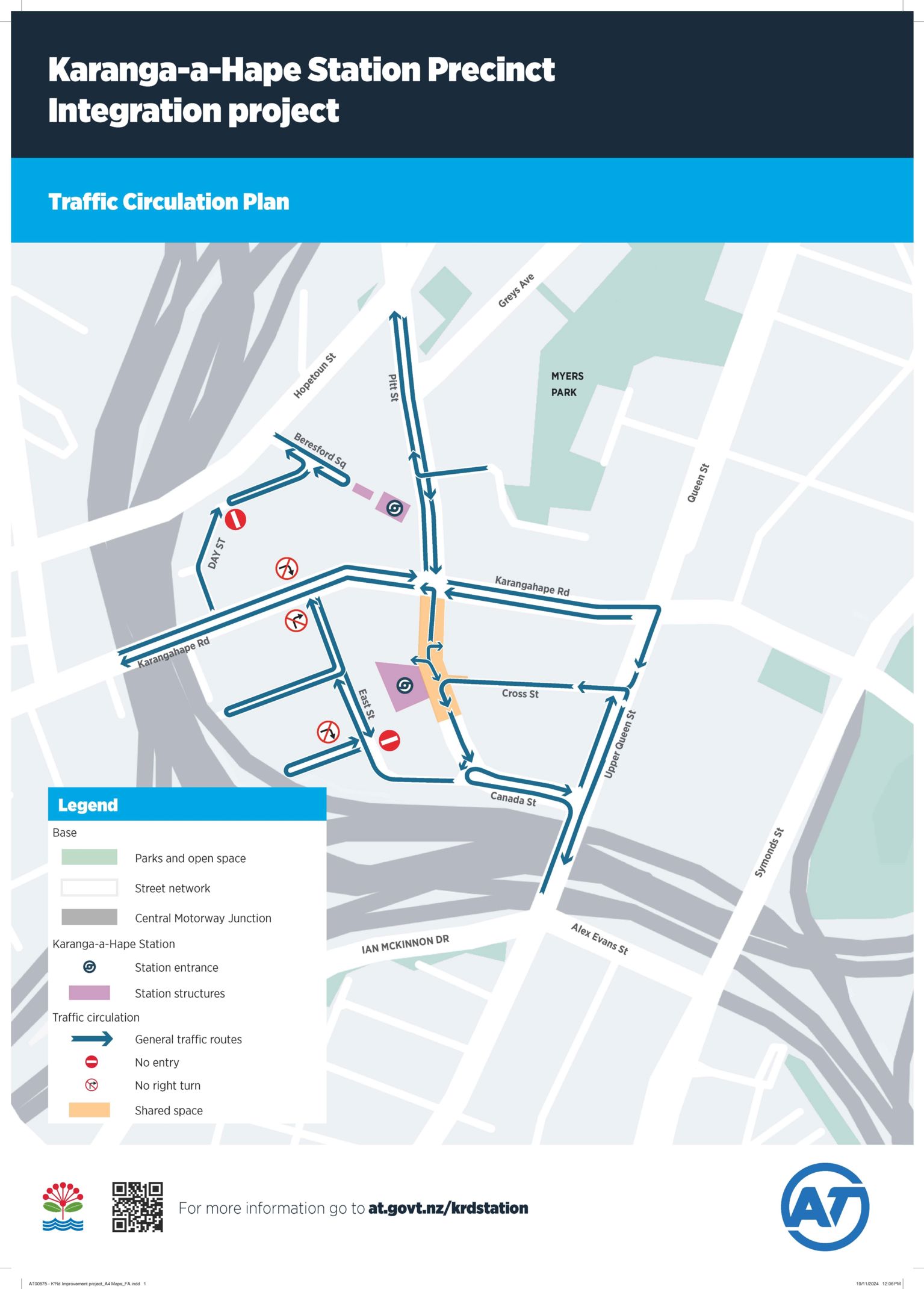 Map of Karanga-a-Hape Station precinct showing general traffic routes, no entry and no right turn streets.