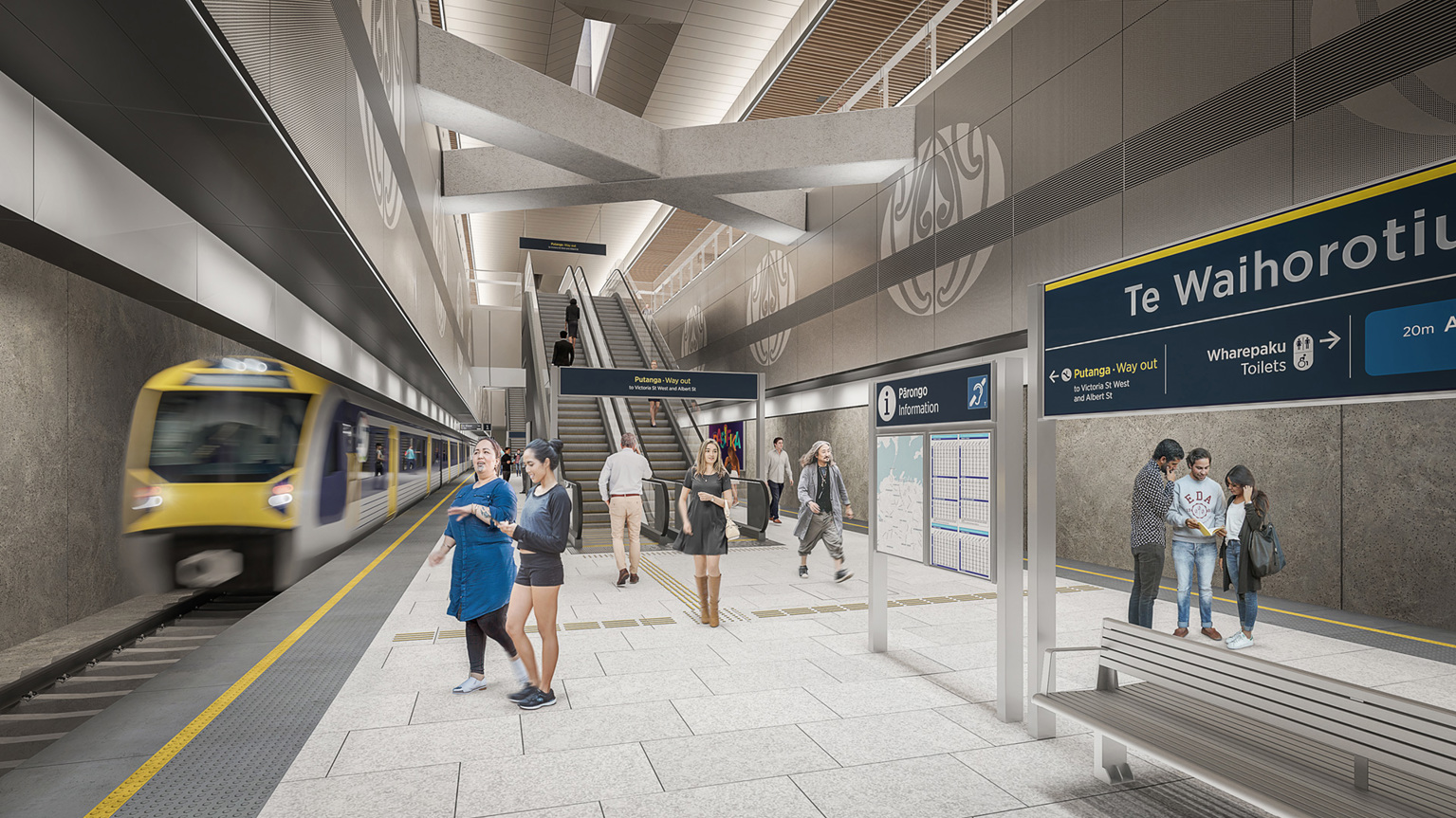 3D rendering of the platform at Te Waihorotiu Station