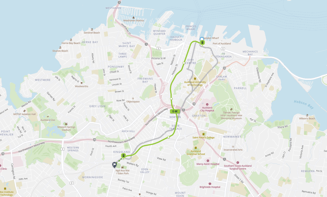 Map showing East West Line train from Waitematā Station to Eden Park