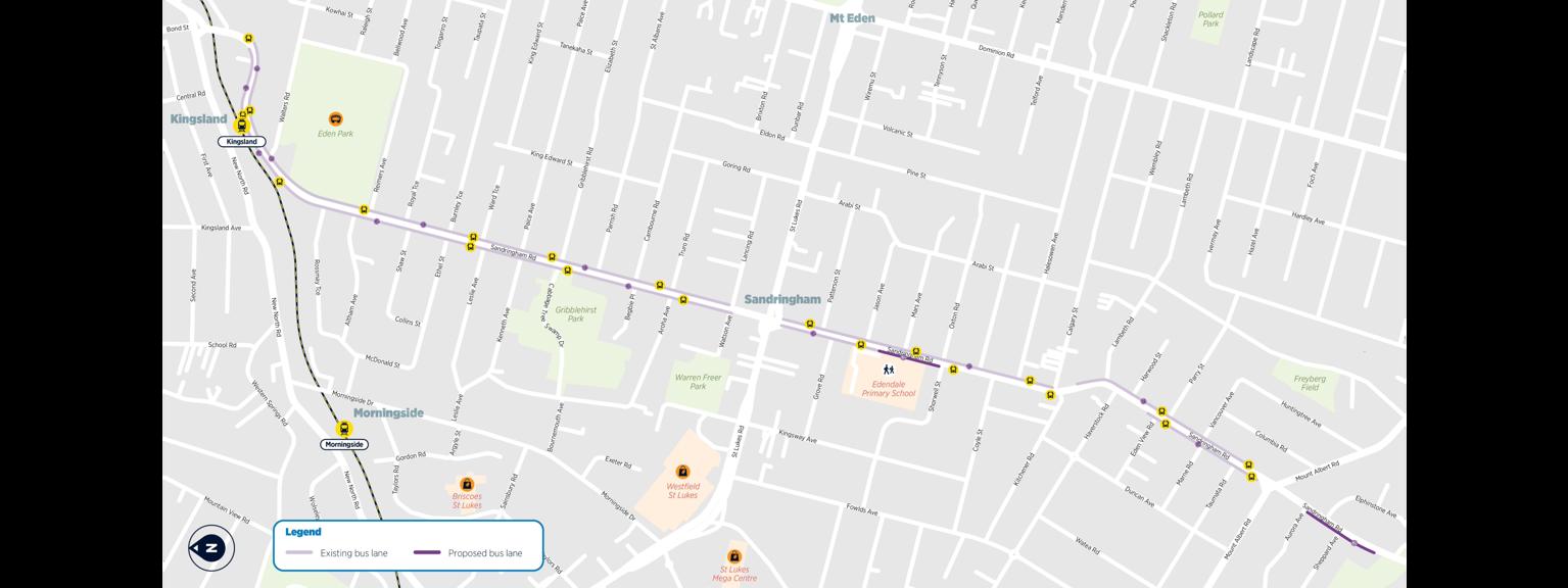 Map of proposed bus lane improvements along Sandringham Road between Kingsland and Mount Albert. The map shows new sections of bus lane being added along the corridor and highlights existing bus lanes, bus stops, nearby schools, parks, shopping areas and train stations. Proposed bus lanes are shown along much of Sandringham Road, connecting with existing bus priority measures near Kingsland and extending toward Mount Albert to help improve bus journey reliability and travel times.