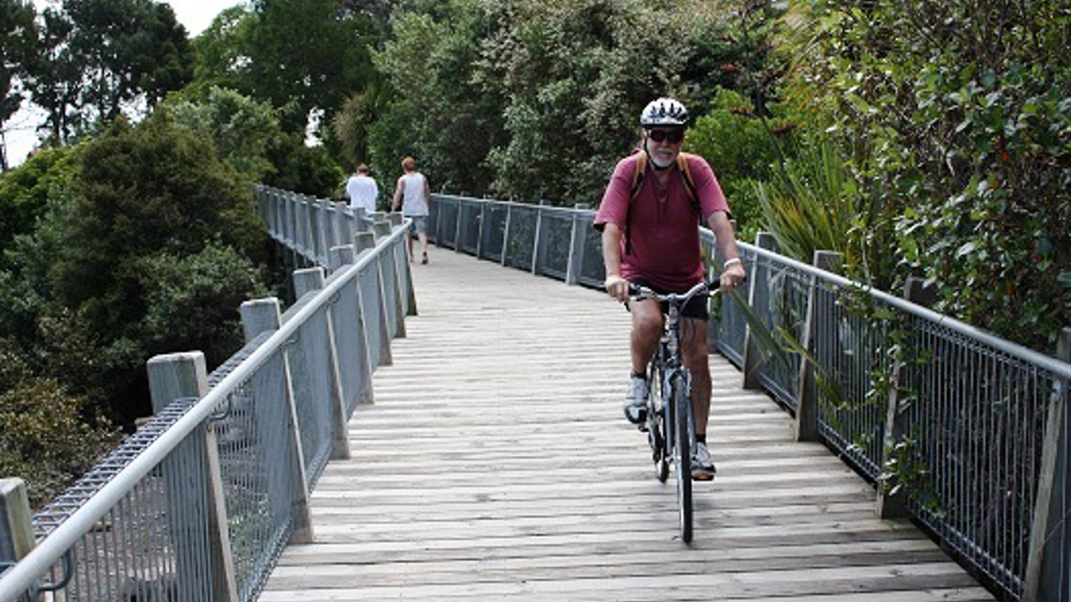 A man rides a bike across a bridge surrounded by lush bush. A couple are walking in the distance.
