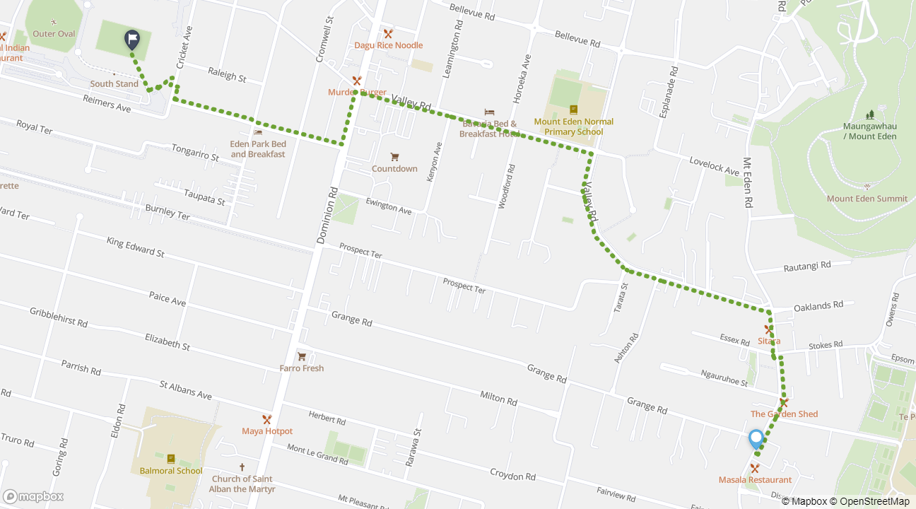 Map of walking route from Mt Eden Village to Eden Park.
