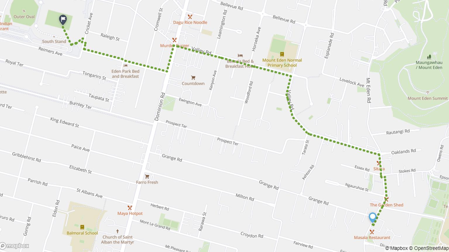Map of walking route from Mt Eden Village to Eden Park.