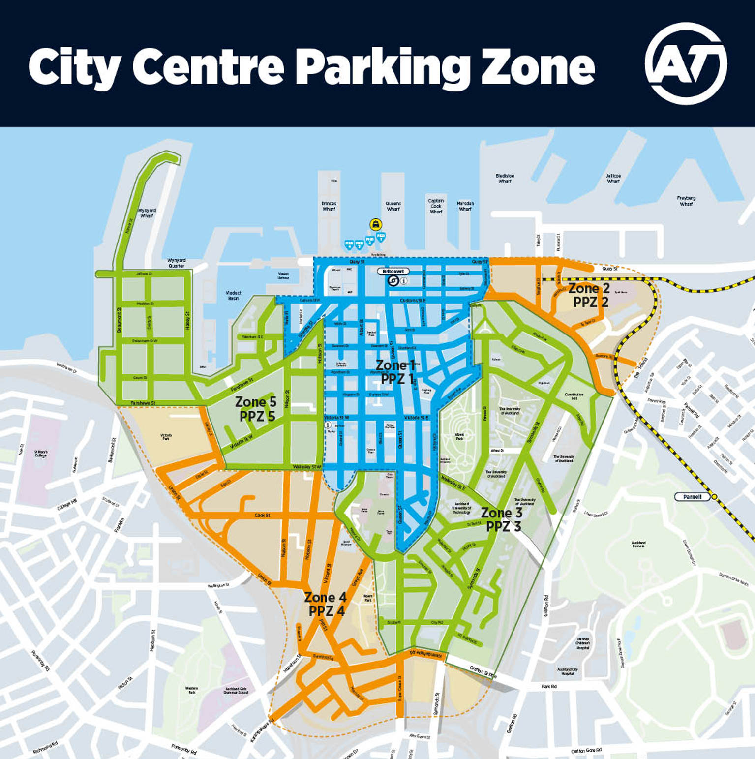 Map of City Centre Paid Parking Zone showing zone 1 in blue, zones 2 and 4 in orange, and zones 3 and 5 in green.