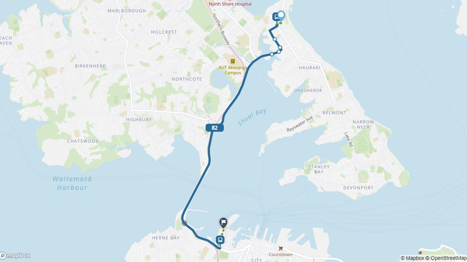 Map of Takapuna to Wynyard Quarter 82 bus journey.