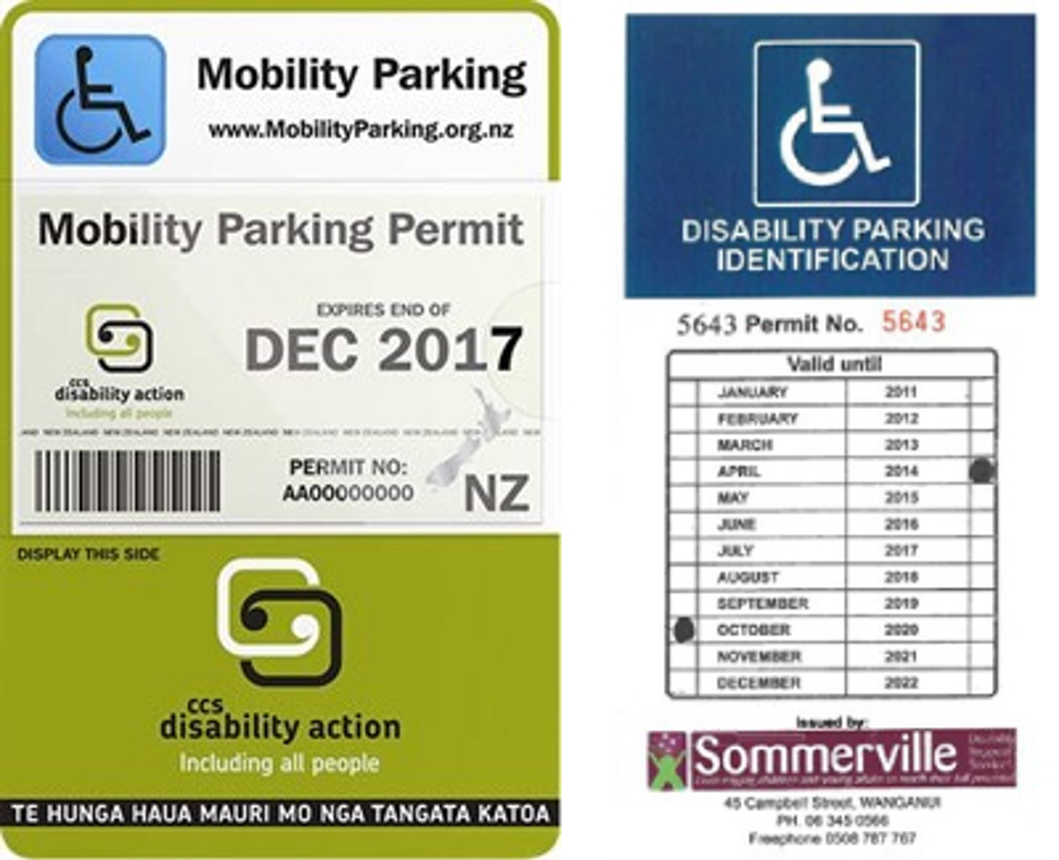 Examples of mobility parking permits issued by CSS Disability Action and Sommerville Disability Services.
