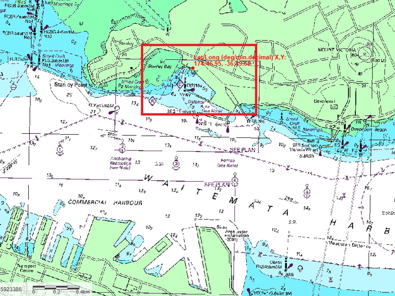 Map of Waitematā Harbour showing Devonport area, Stanley Point, and mooring zones.