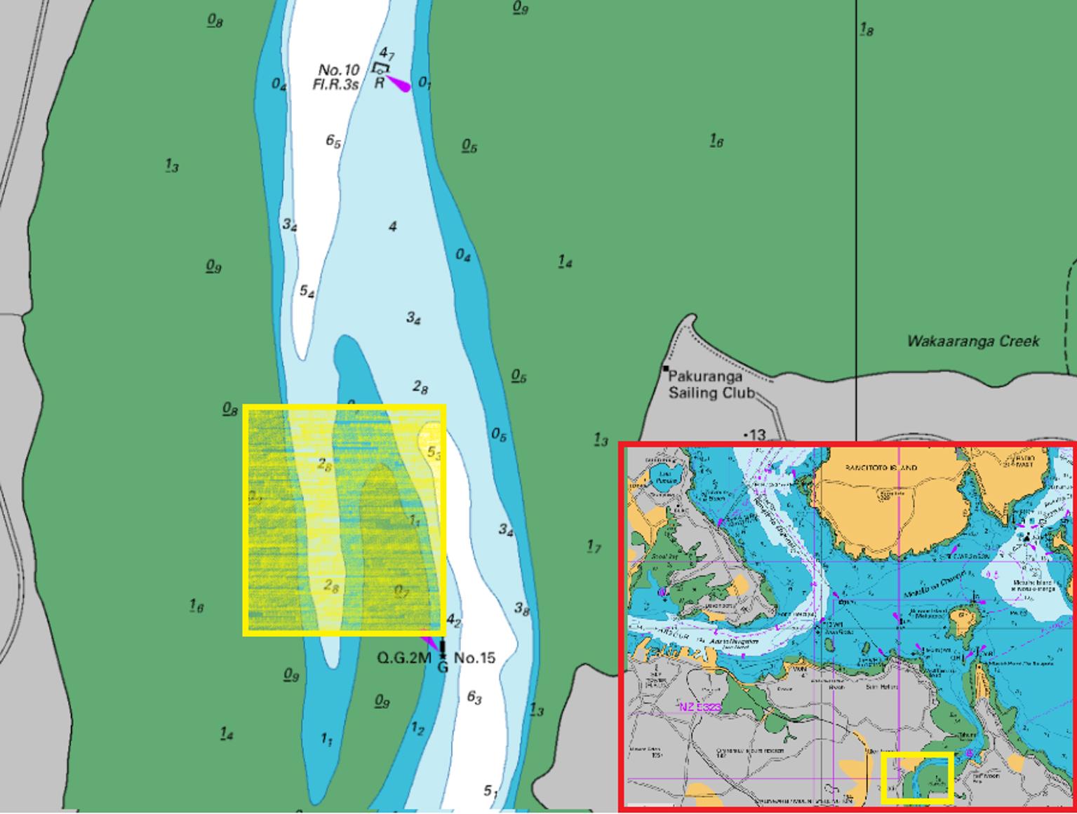 Map showing a narrow channel with depth contours, a yellow highlighted area, and an inset map of the wider region.