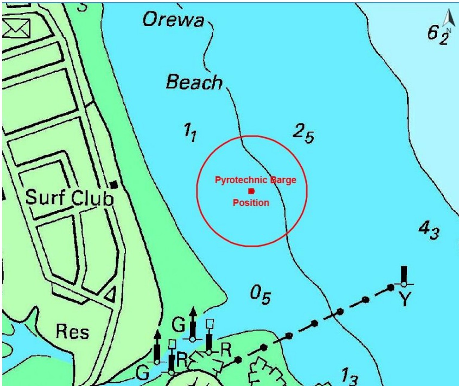 Map of pyrotechnic display at Orewa Beach on Saturday 28 March 2026.  