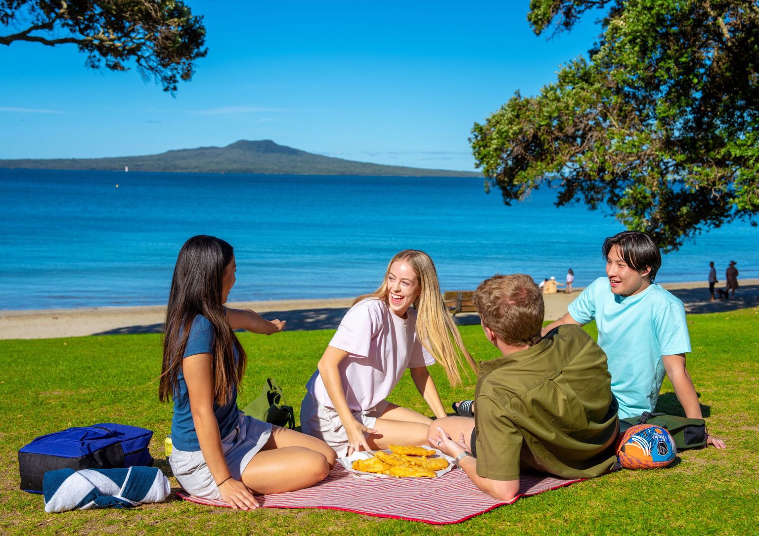 Friends having a picnic in Takapuna with Rangitoto in the background.