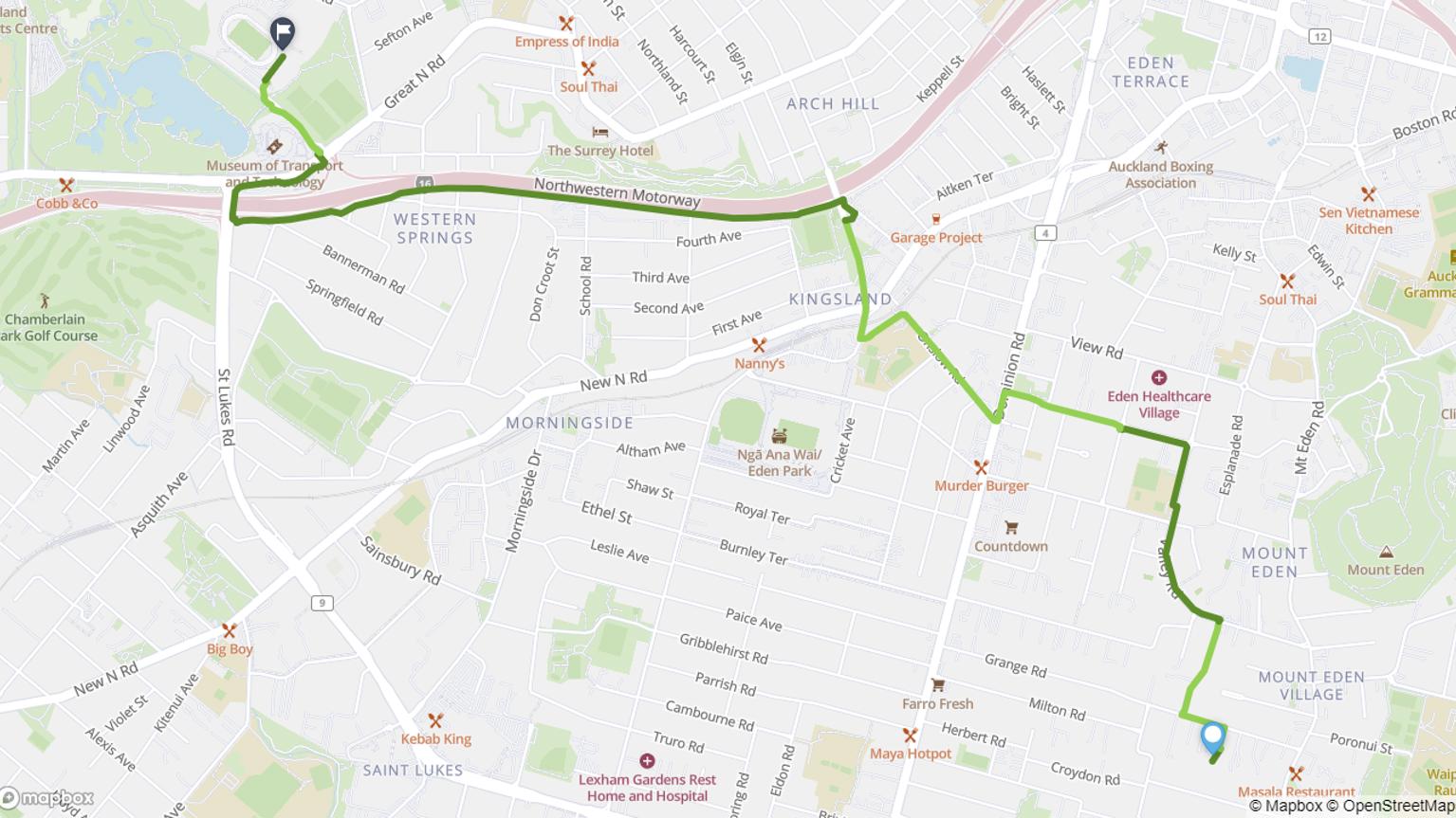 Map showing Mount Eden to Western Springs cycling route