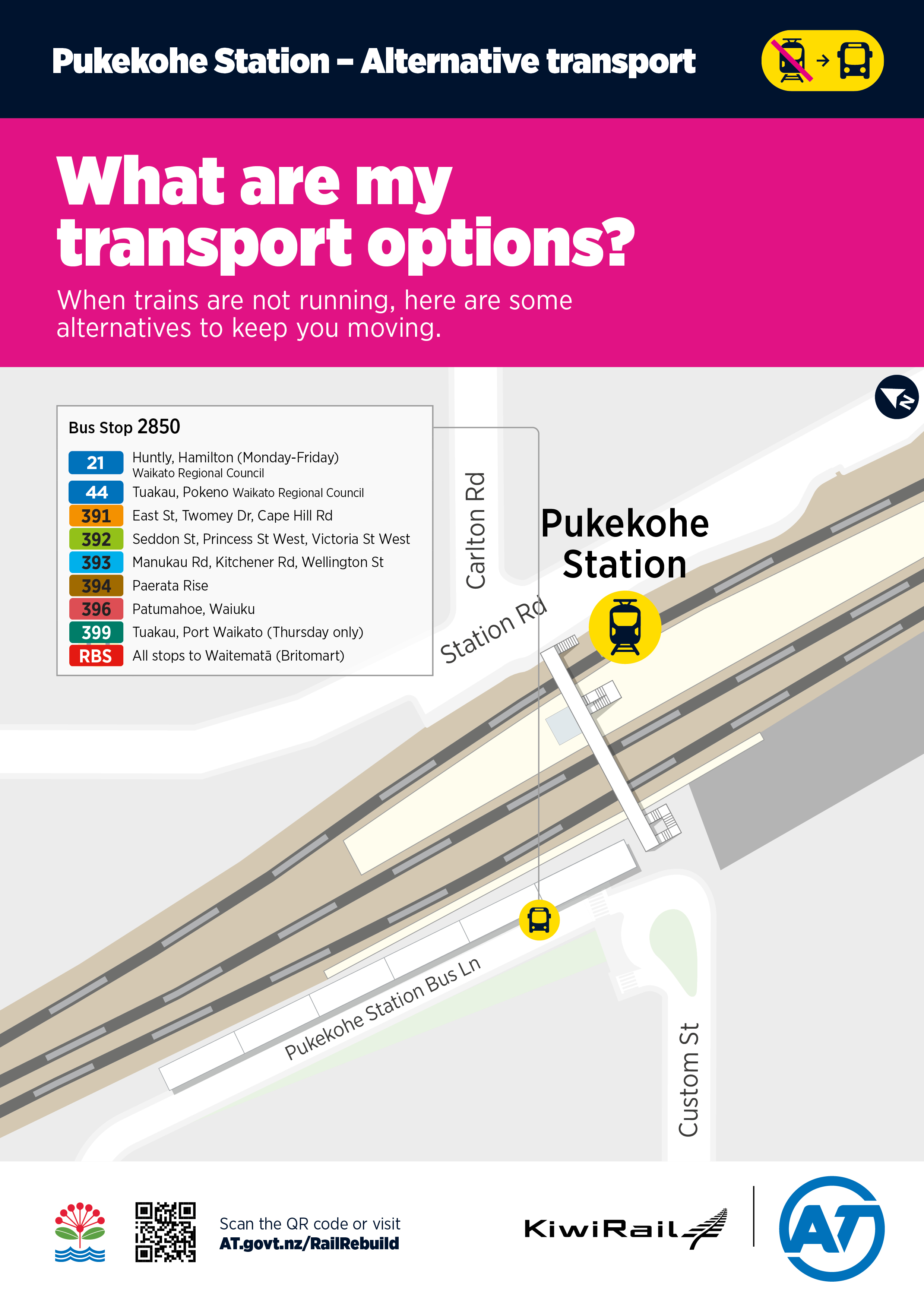 Map for bus alternatives at Pukekohe Station.