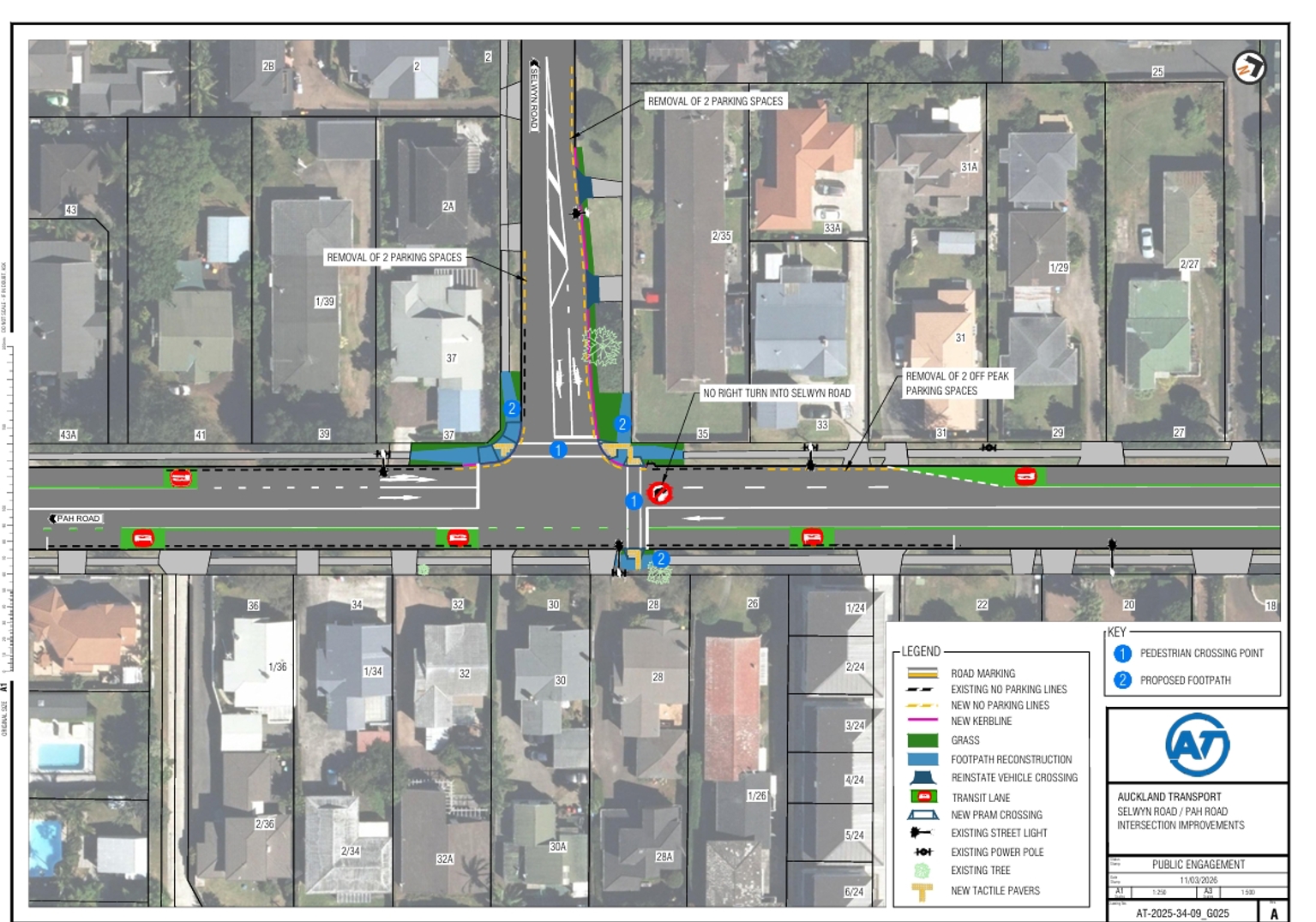 Map showing proposed changes for Selwyn Road and Pah Road intersection.