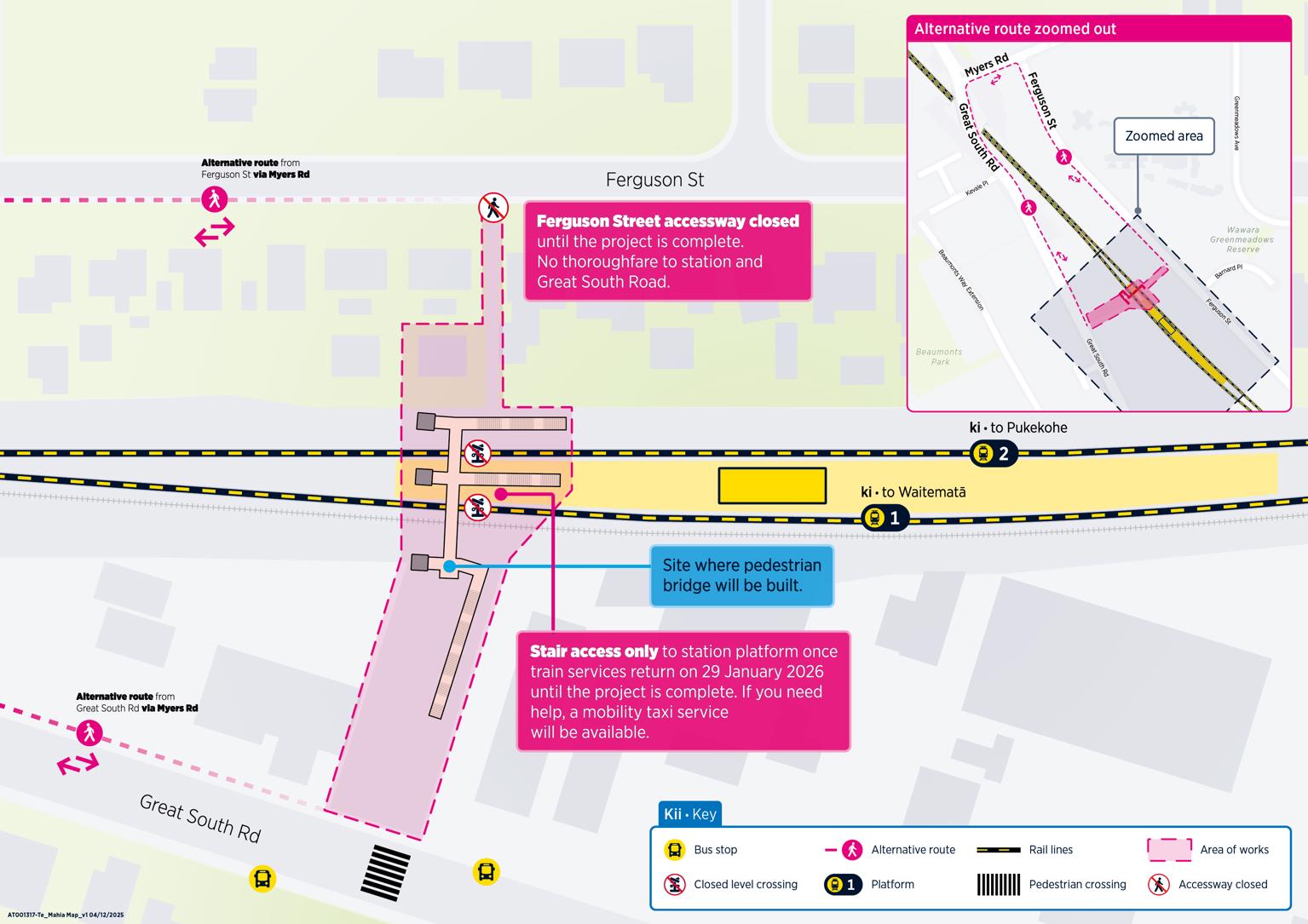 Map of the alternative access routes for Te Mahia station during the summer rail upgrade station closure.