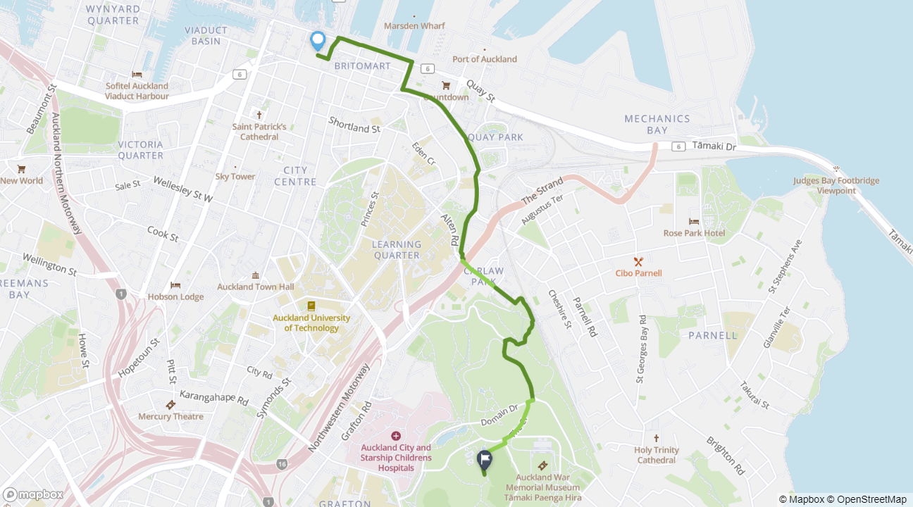 Waitematā Station to Auckland Domain cycle route map