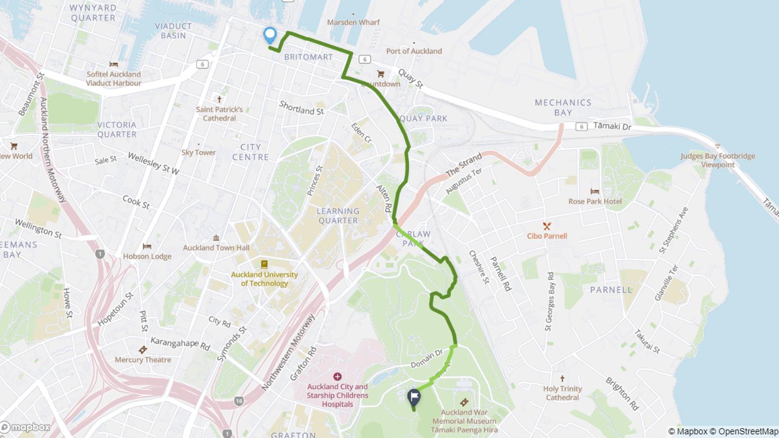 Britomart to Auckland Domain cycle route map