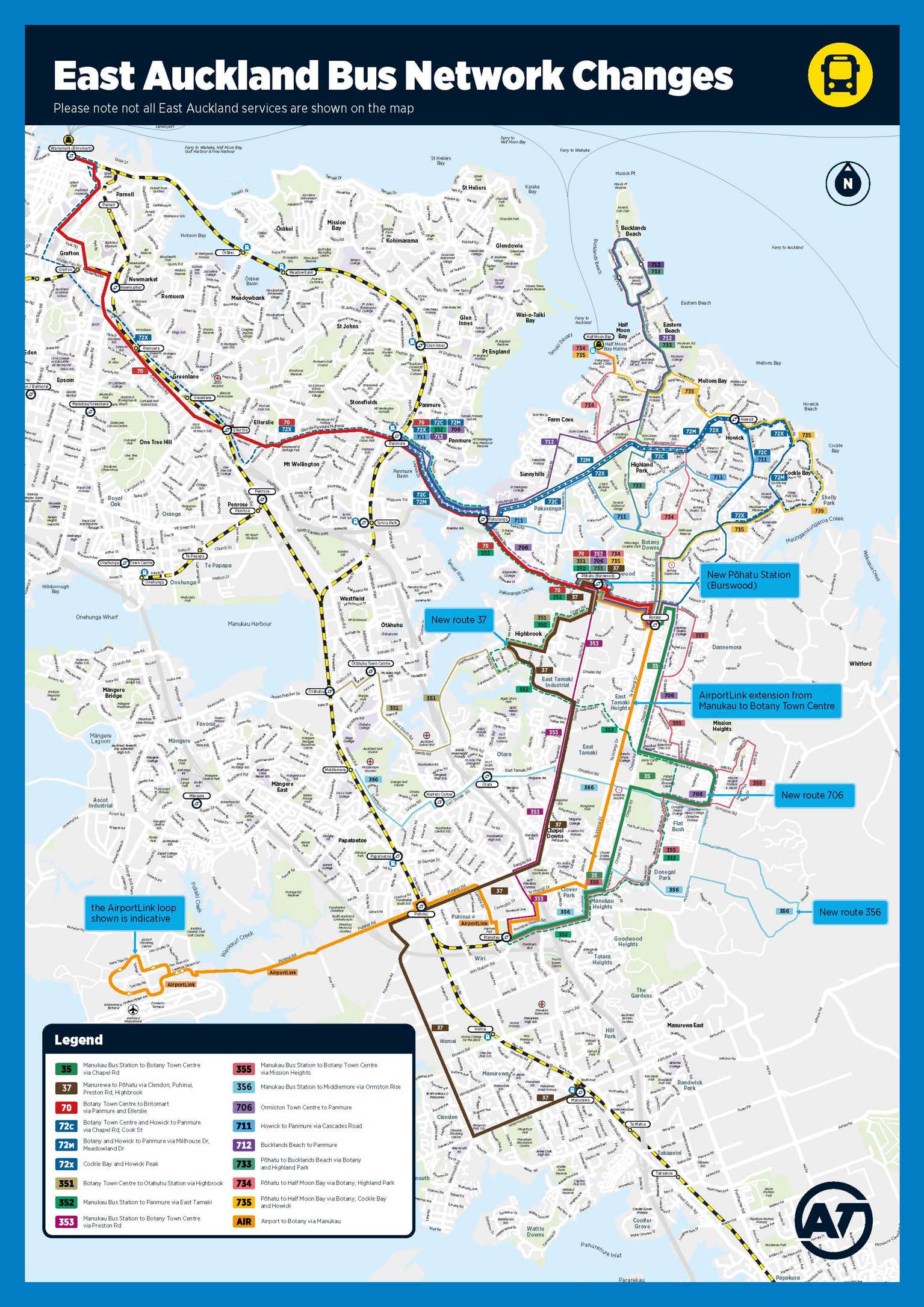 Map of east Auckland bus network changes.