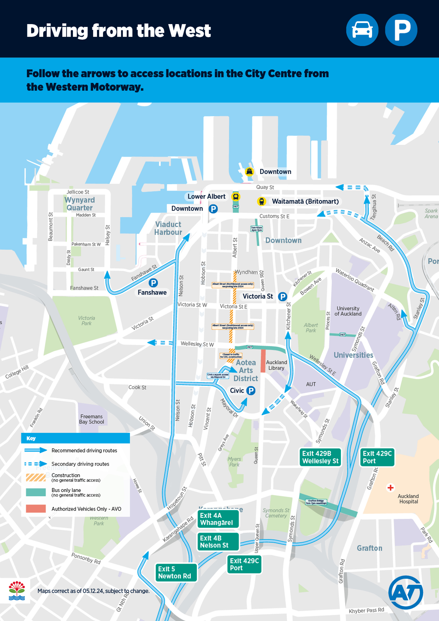 Map showing how to access locations in the Auckland city centre from the western motorway.