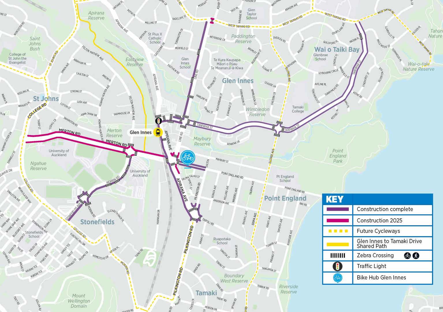 Map showing the Glen Innes cycleways project including where construction is complete, where construction is happening in 2025, and future cycleways.