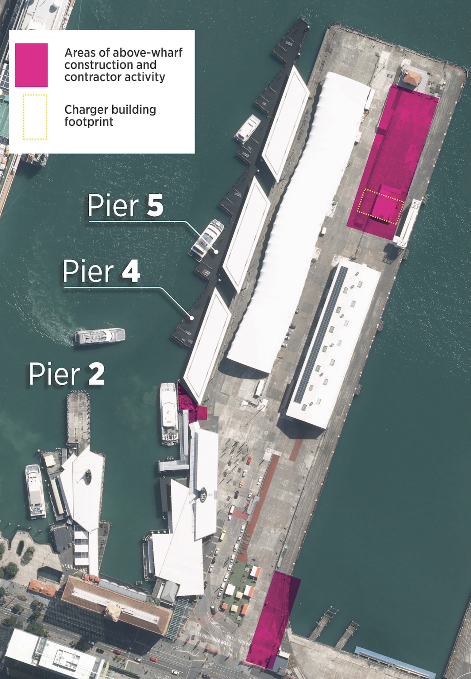 Bird's eye photograph of Queens Wharf with construction areas labelled