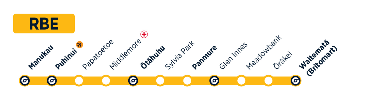 Map showing stops for the Rail Replacement Bus East.