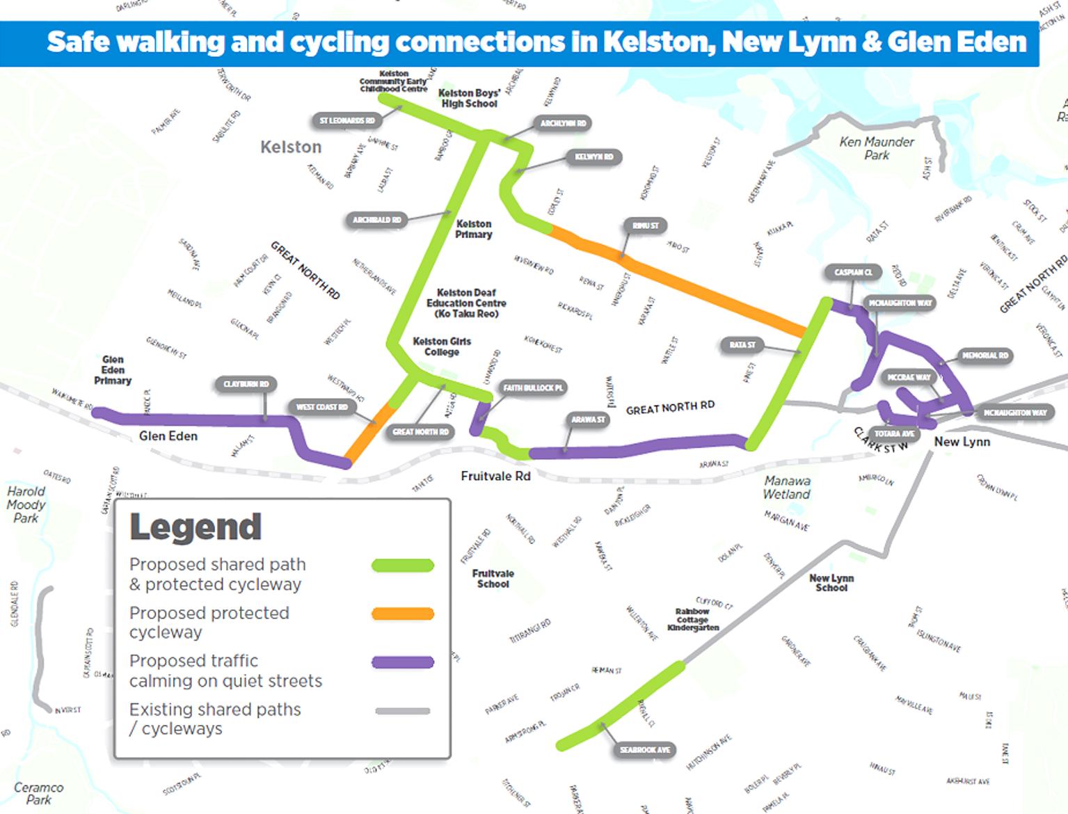 This map shows the walking and cycling connections we are investigating around Kelston, Glen Eden and New Lynn.