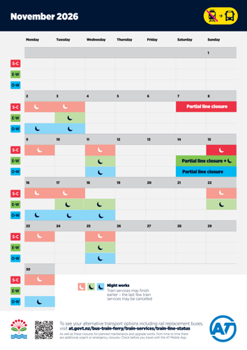 November 2026 Planned rail closures calendar