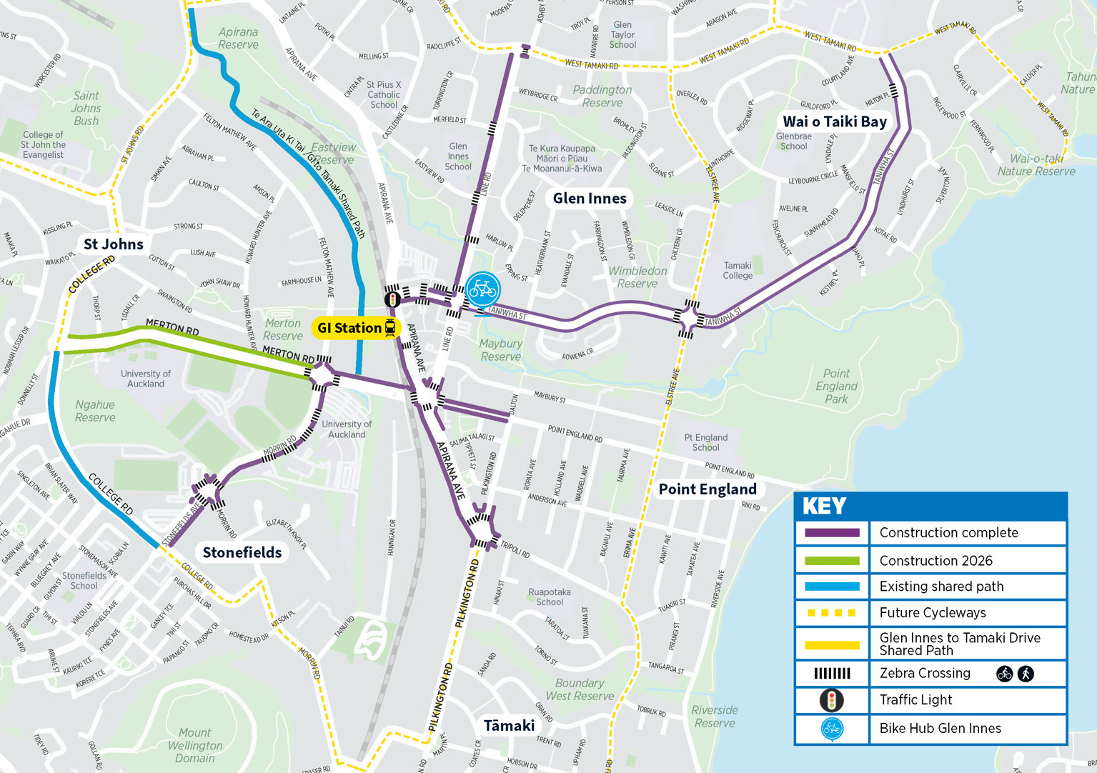 Map showing the Glen Innes cycleways project including where construction is complete, where construction is happening in 2025 and 2026, and future cycleways.