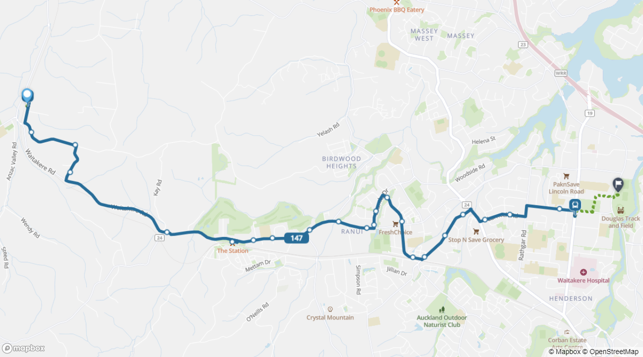 Waitakere to The Trusts Arena bus route 147 map