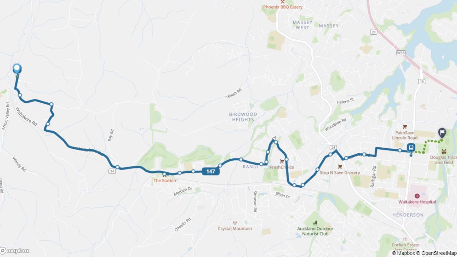 Waitakere to The Trusts Arena bus route 147 map