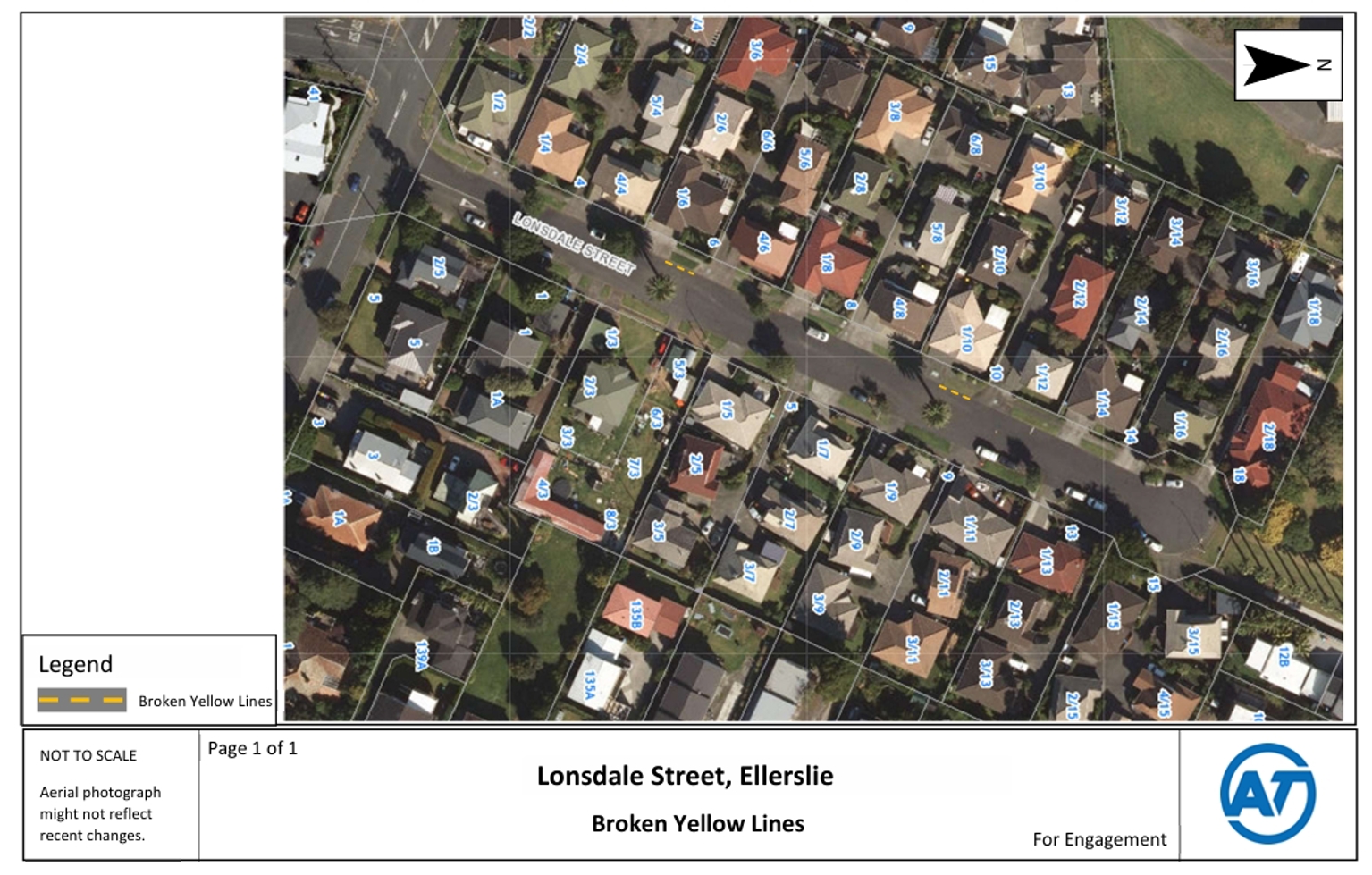 Satellite photo showing the location of the planned new broken yellow lines on Lonsdale Street, Ellerslie.
