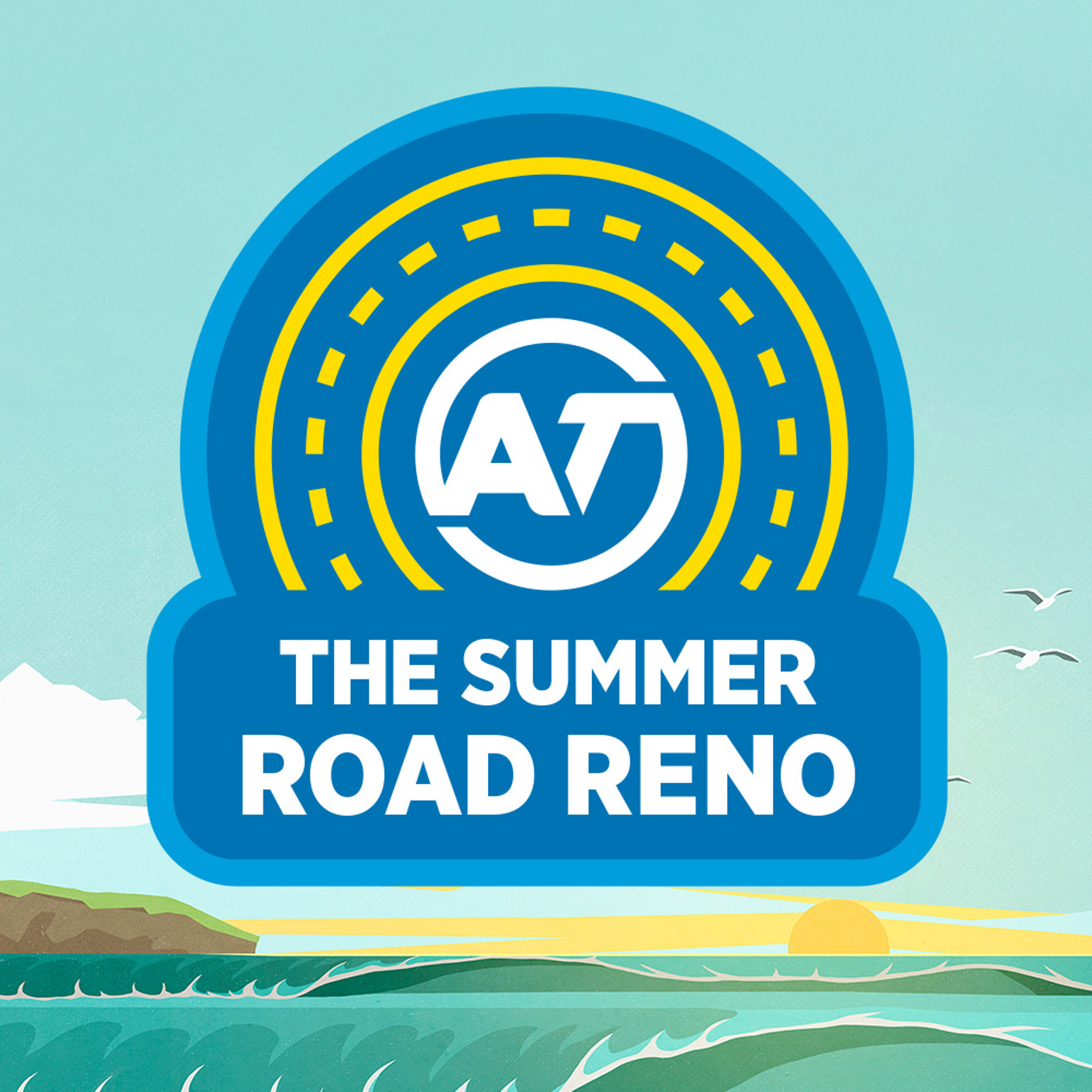A landscape background image of the sun rising above the ocean. A blue overlay image has the Auckland Transport logo in the middle, surrounded by a circular road. Text reads 'The Summer Road Reno'. 