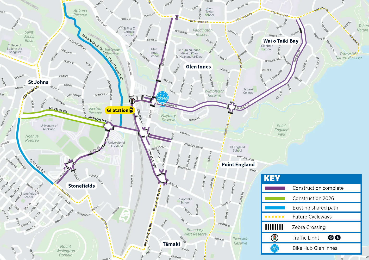 Map showing the Glen Innes cycleways project including where construction is complete, where construction is happening in 2025 and 2026, and future cycleways.