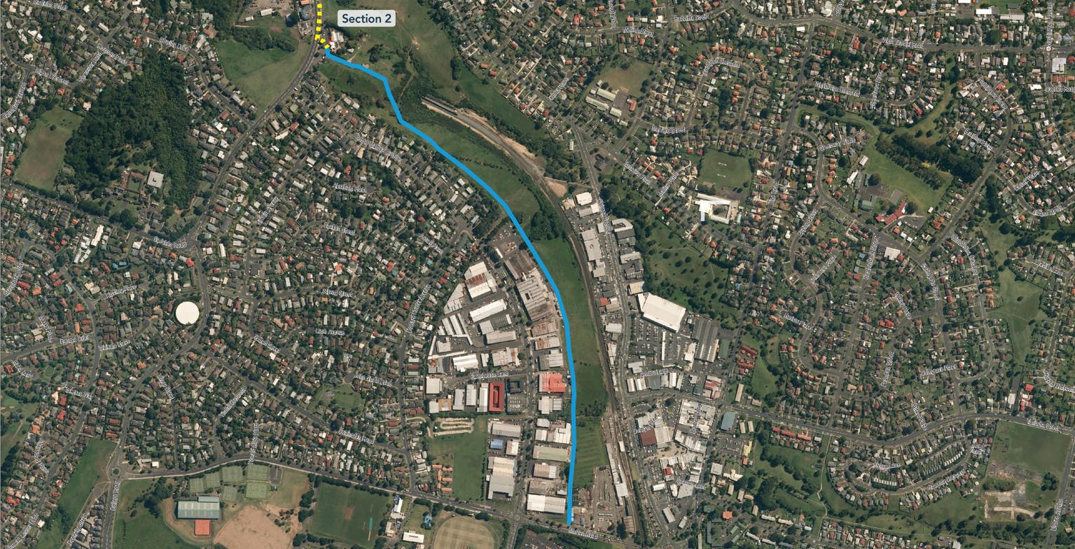 A satellite map showing section 1 of the Glen Innes to Tamaki Drive shared path.