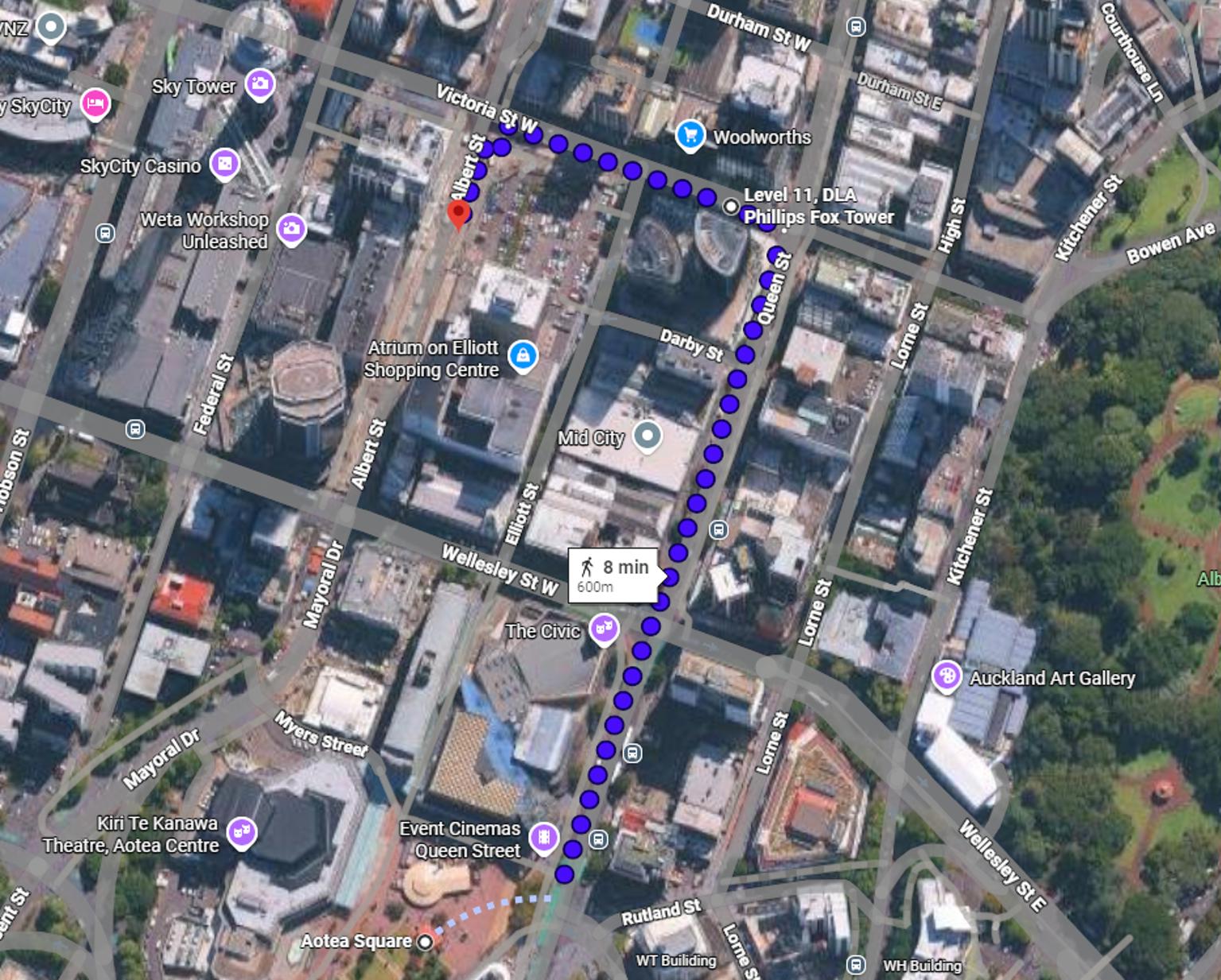 Walking route from Te Waihorotiu Station to Aotea Square