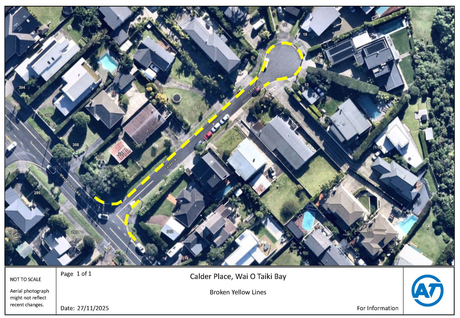 Drawing of Calder Place, Wai O Taiki Bay – broken yellow lines.
