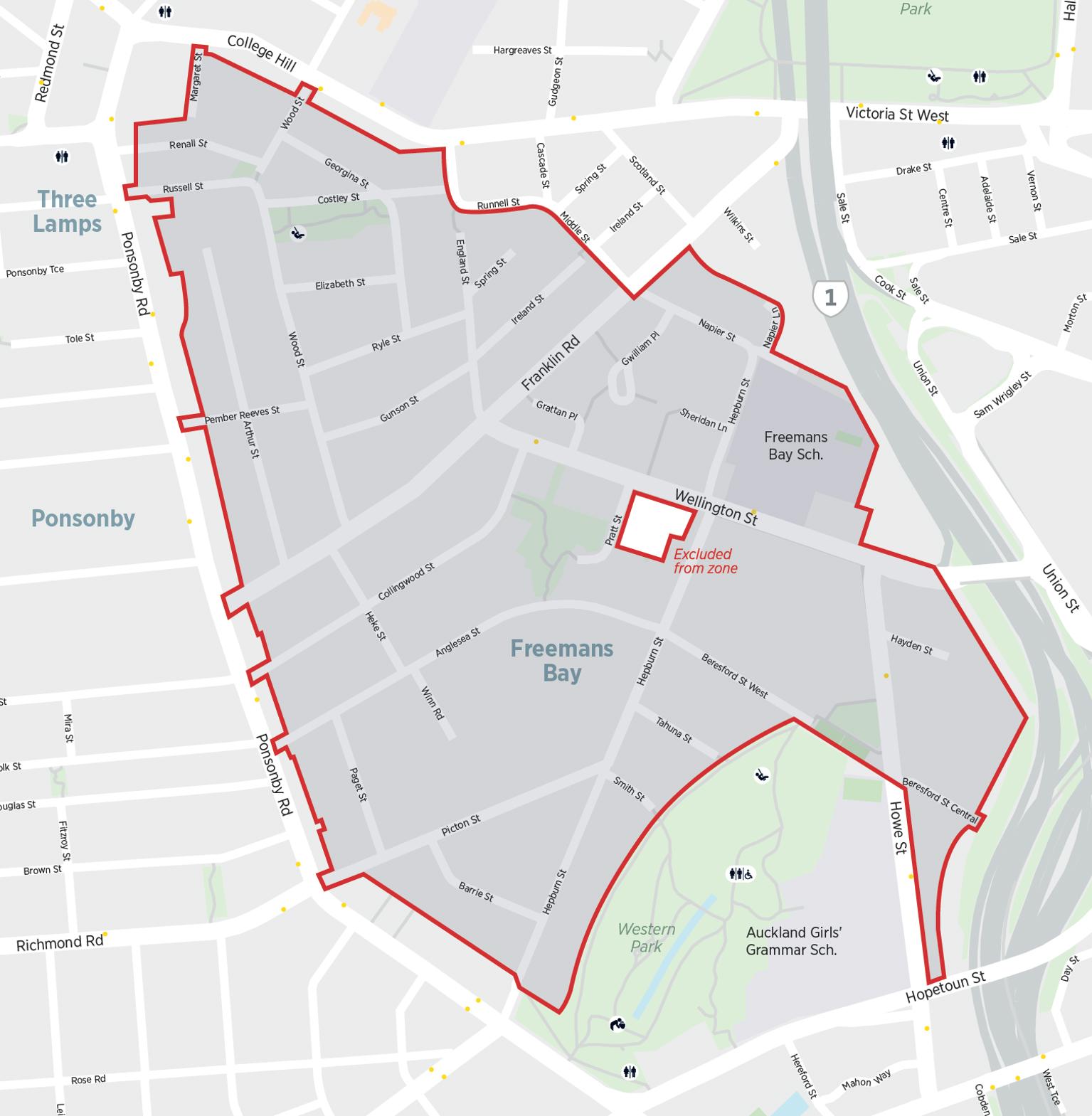Map of Freemans Bay with the resident parking zone boundaries indicated with red lines.
