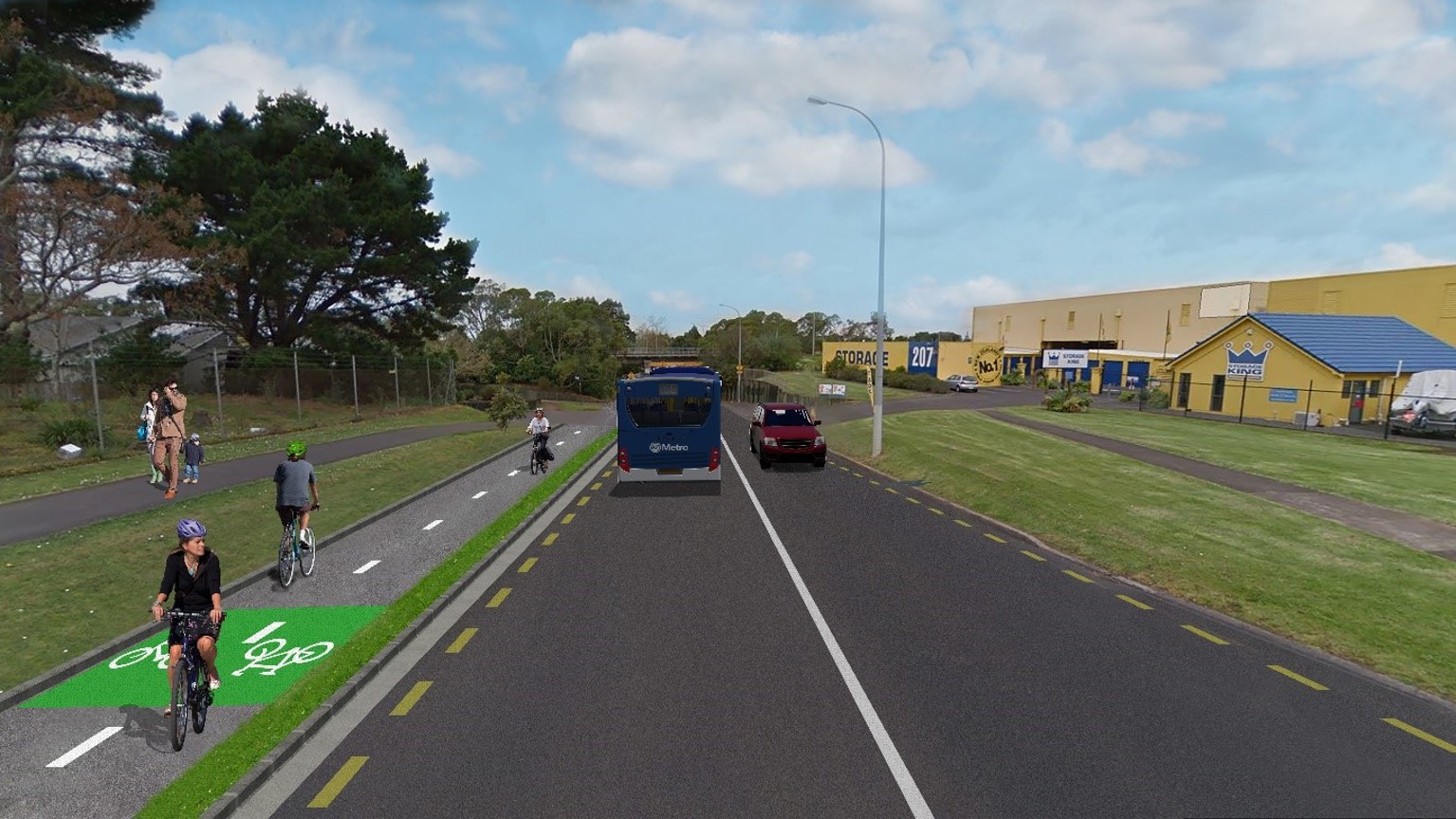 Image showing both sides of Merton Road, along with the cycleway and sidewalks. 