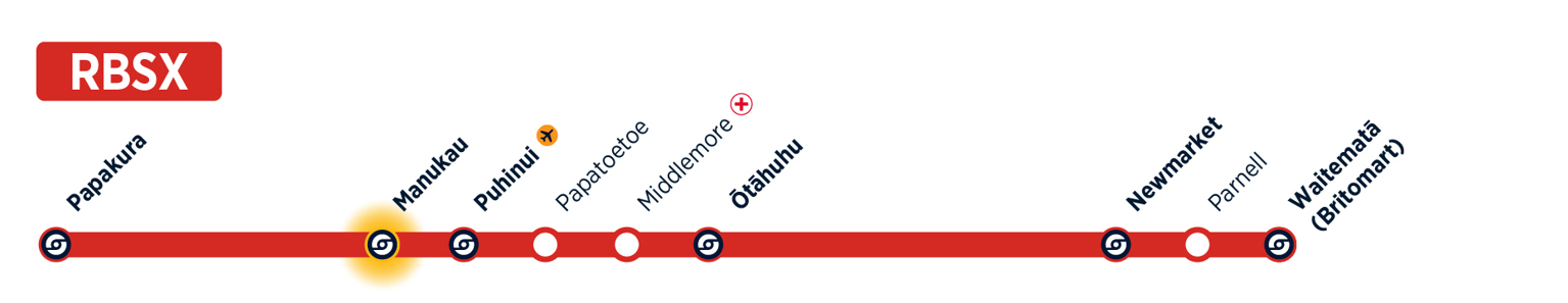 Map showing stops along the route of the Rail Bus South Express.